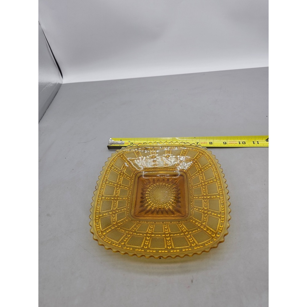 Vintage Amber Depression Glass Square Bowl Starburst Scalloped Edge 8 inch